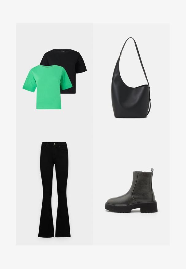 To korteermede T-skjorter i grønn og svart bomull. Hver av dem har rund hals og en avslappet passform, uten mønstre eller akenter.; Sorte høytlivsjeans med knapp og glidelås, frontlommer og utsvingte bein liggende flatt på en hvit bakgrunn.; Sorte ankelstøvler med en glatt syntetisk overdel, elastiske sidepaneler, en løfletapp og en kraftig gummisåle.; Svart lær hobo-veske med glatt tekstur, buet form og enkelt justerbart stropp; har en bred åpning på toppen.