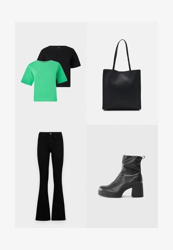 Two short-sleeve T-shirts in green and black cotton. Each has a round neckline and a relaxed fit, featuring no patterns or accents.; Black high-waist jeans with a button and zip closure, front pockets, and flared legs laid flat on a white background.; Black ankle boots made of smooth leather, featuring a side zipper, chunky textured heel, and rounded toe design.; Black leather tote bag with smooth texture, rectangular shape, and two long handles. No visible hardware or embellishments.