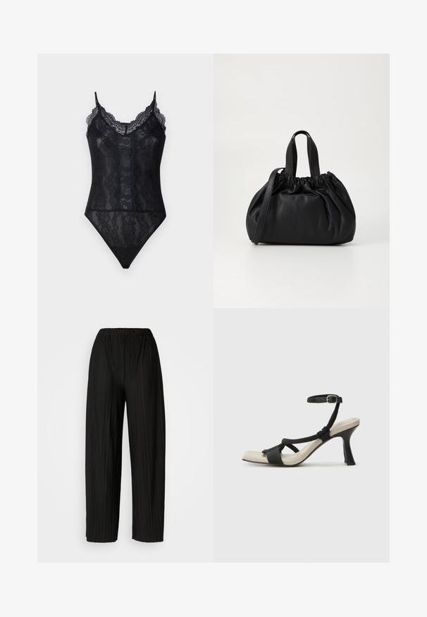 AllSaints MONICA BODYSUIT - Linne - black; Svarta plisserade vida byxor med elastisk midjeband. Tyget har vertikala plisseringar och en slät yta.; Svart klacksandaler med flätad remdesign, fyrkantig tå och justerbar vristrem. Ljusbeige fotbädd med glansig svart klack.; Svart läderhandväska med en samlad toppdesign, som har två korta handtag och ett långt justerbart axelband. Slät textur, rund form.
