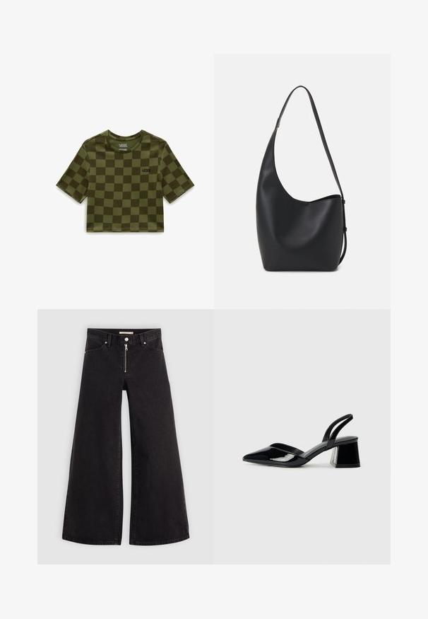 Vans CHECKER CREW CROP II. - T-shirts print - olivine; Vide ben jeans i sort denim med lynlås foran, fem lomme-design og subtile stikninger. Glat tekstur og afslappet stil.; Sorte patentlæder slingback hæle med spids tå og en geometrisk blok hæl. Har et elegant, minimalistisk design og en glat tekstur.; Sort læder hobo taske med en glat overflade, buet form og en enkelt justerbar rem; har en bred åbning øverst.