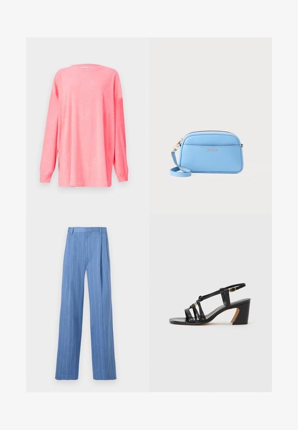 Růžová dlouhá košile vyrobená z měkkého materiálu, s texturovaným vzorem, na kterém je jemně vytlačen název značky "SKIGLITZ".; Světle modré široké kalhoty s vertikálními bílými pruhy. Vyrobené z hladkého materiálu, s předním záhybem a čistým designem pasu.; Paul Smith AMIRA - Klasické lodičky - black; Svetle modrá kožená crossbody taška se zlatými kovovými doplňky, zipovým uzávěrem a přední kapsou. Obsahuje nastavitelné ramenní popruh pro pohodlí.