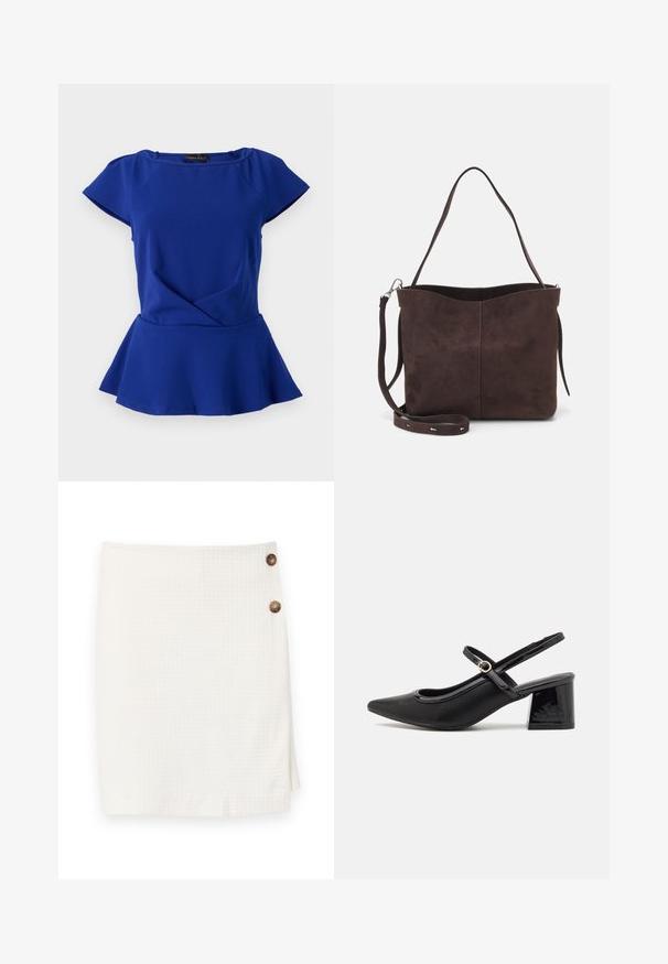 Anna Field Top - dark blue; White skirt with a textured fabric, featuring a wrap design and two round buttons on the side for fastening.; Black patent leather slingback heels with a pointed toe, a rounded cutout design, and a block heel. Features a gold-tone buckle accent.; Brown suede tote bag with a soft texture, featuring a single shoulder strap and a subtle curved top opening. No visible hardware details.