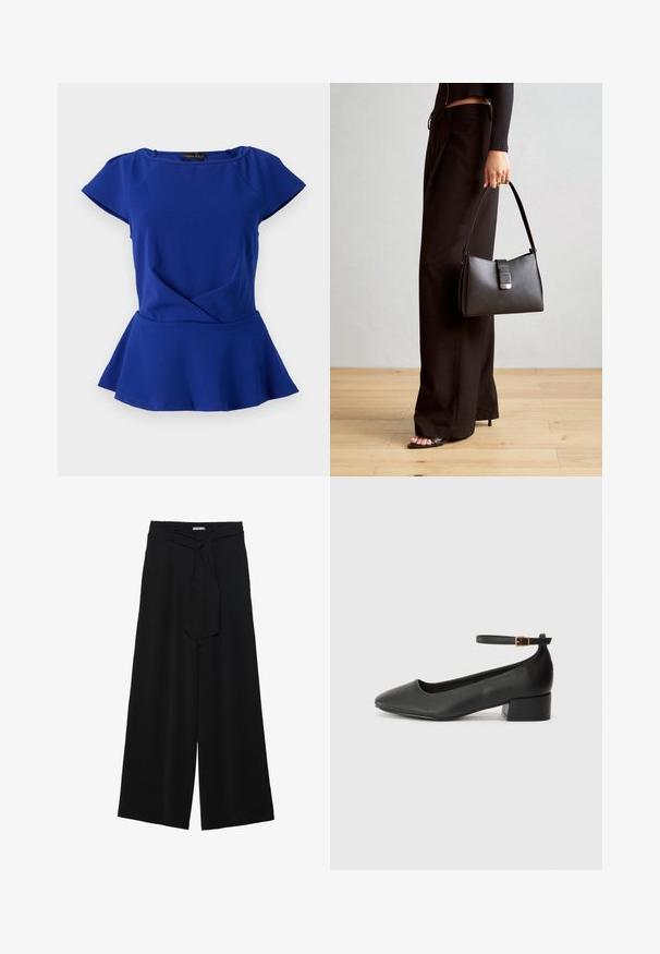 Anna Field Topper - dark blue; Svart vide bukser med teksturert stoff, elastisk midje og avtagbart belte som gir justerbar passform.; Sorte skinnpumper med spiss tå og lav blokkhelt. Har ankelrem med gullfarget spenne. Glatt tekstur.; Svart håndveske med strukturert form, jevn tekstur og metallisk lås. Kombinert med brede svarte bukser og sandaler med åpen tå på tregulv.