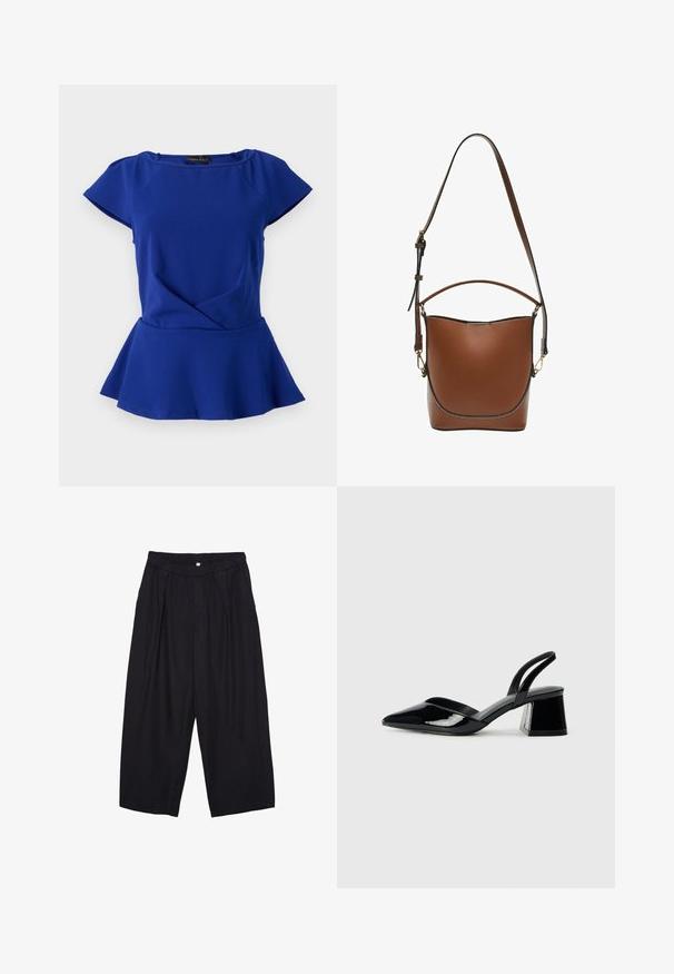 Anna Field Top - dark blue; Čierne polyesterové culotte nohavice s elastickým pásom, dvoma prednými záhybmi a voľným strihom. Žiadne viditeľné vzory ani detaily z kovu.; Čierne lakované kožené sandálové podpätky s špicatou špičkou a geometrickým blokovým podpätkom. Disponujú elegantným, minimalistickým dizajnom a hladkým povrchom.; Hnedá kožená kabelka typu bucket s oblým dizajnom, so sklopnou rukoväťou a nastaviteľným popruhom, zlatými kovovými prvkami a kontrastným stehom.