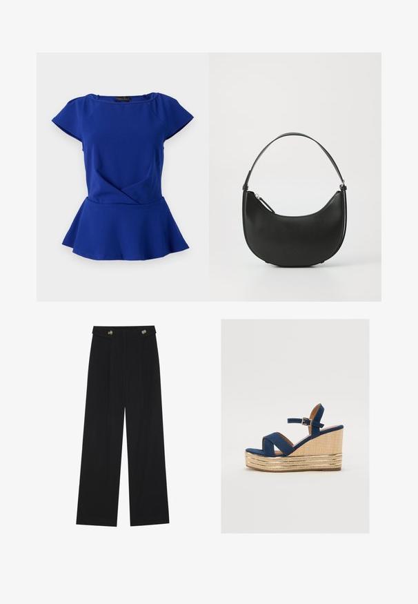 Anna Field Top - dark blue; Black wide-leg trousers with high waist, button details on waistband, and front pleats.; Navy blue wedge sandal with crossed straps, a textured natural fiber platform, and a gold metallic accent on the base.; Black leather shoulder bag with a curved shape, slim handle, and zip closure. Features a smooth texture and subtle logo detail.