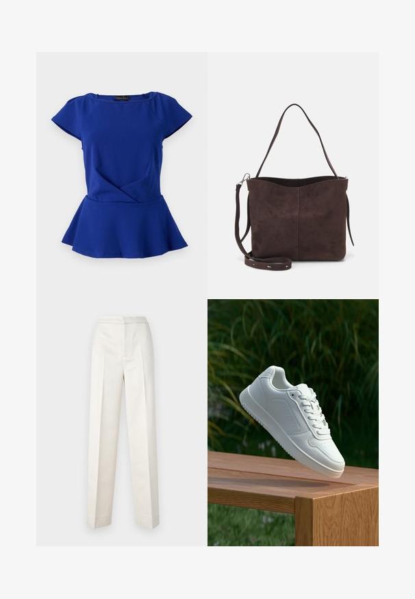 Anna Field Topp - dark blue; Kreemi värvi püksid, millel on kohandatud lõige, sirge jalg, sile kangas, esipleat ja puhas äär. Minimalistlik disain.; Valged sneakerd, millel on sile sünteetiline ülemine osa, väikeste aukudega varvaskast, lamedad paelad ja tekstuuriga tald, eksponeeritud puidust pinnal.; Pruun nubukist kott pehme tekstuuriga, millel on üks õlavarre rihm ja peene kumer ülemine ava. Nähtavaid metallosi pole.