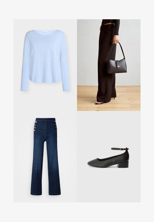 Jasnoniebieska bluzka z długim rękawem o okrągłym dekolcie, wykonana z miękkiego, lekkiego materiału; charakteryzuje się luźnym krojem i zaokrąglonym dołem.; Ciemnoniebieskie dżinsowe spodnie typu wide-leg z wysokim stanem, złotymi guzikami po bokach oraz gładką fakturą z delikatnym wyblaknięciem.; Czarne skórzane szpilki z ostrym noskiem i niskim słupkowym obcasem. Wyposażone w pasek na kostkę z złotym zapięciem. Gładka tekstura.; Czarna torebka o usztywnionym kształcie, gładkiej fakturze i metalowym zapięciem. Połączona z szerokimi czarnymi spodniami i sandałami na otwartym palcu na drewnianej podłodze.