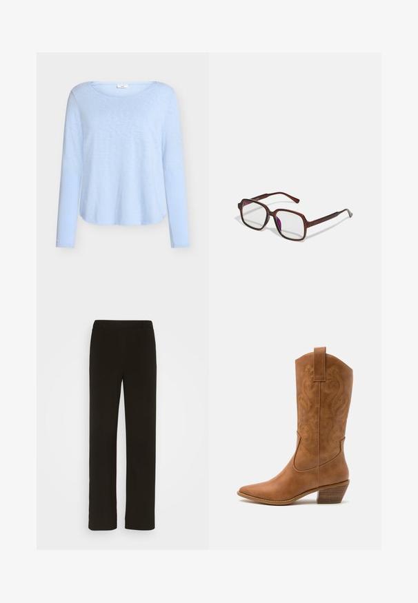 Světle modrý top s dlouhými rukávy a kulatým výstřihem, vyrobený z měkké, lehké látky; má volný střih a zakřivený lem.; Černé kalhoty rovného střihu vyrobené z tkané látky, s plochým předním dílem, dvěma bočními kapsami a hladkým povrchem. Žádné viditelné vzory ani akcenty.; Hnědé kožené kovbojské boty s špičatou špičkou, vyšívanými spirálovými vzory na štítech a s blokovým podpatkem. Obsahují poutko pro snadné obouvání.; Hnědé, obdélníkové brýle s průhlednými skly a fialovými odstíny. Hladký plastový rám s rovnými nohami a jemnými akcenty.; Zlaté kruhové náušnice s texturovaným, nepravidelným tvarem. Disponují bezproblémovým uzávěrem a leštěným povrchem, což zdůrazňuje moderní design.