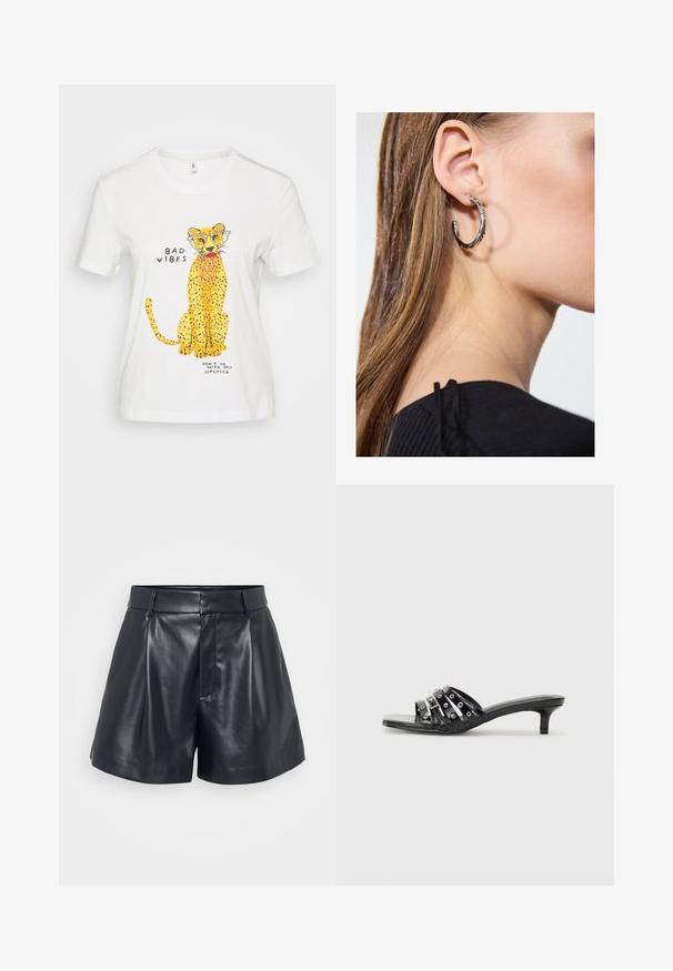 Valge puuvillane T-särk, millel on karikatuurne gepard prillidega, kollased laigud ja lõbus tekst: "HALB ENERGIA" ja "ÄLÄ KÄI MU HUULTÜKI KAASAS."; Mustad nahast lühikesed püksid, millel on sile tekstuur, kokkuõmmeldud disain, volditud esiosa ja vöörihmade silmad; sisaldab varjatud tõmblukuga taskut küljel.; Mustad musta värvi kontsaga sandaalid, millel on mitmed läikivad rihmad ja metallist aksessuaarid, samuti terav nina ja tagasihoidlikud kitin-kontsad. Sile tekstuur.; Hõbedane rõngas kõrvarõngas poleeritud viimistlusega, millel on väikesed kuldsed aktsendid ja ümmargune kuju, kantud lobus.