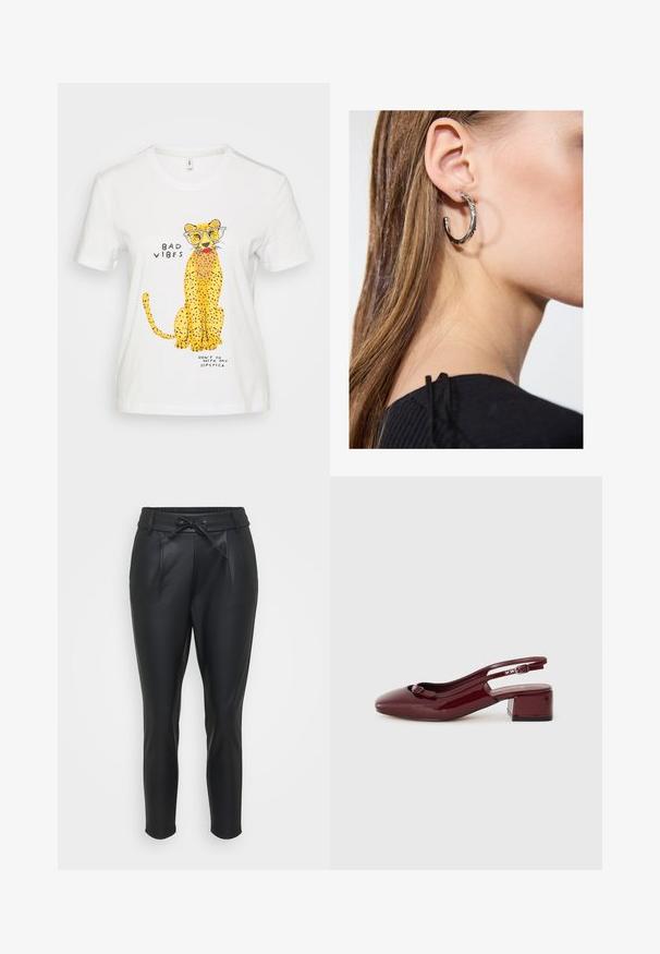Bela bomba majica iz bombaža z risanim gepardom v očalih, rumenimi pikami in igrivim besedilom: "SLABI VIBRACIJE" in "NE HODI Z MOJIM RDEČILOM."; Črne hlače iz umetnega usnja z elastičnim pasom, sprednjimi pregibi in vrvico za zavezovanje. Zvita oblika z gladko teksturo.; Burgundska lakirana sandal z kvadratnim nosom, majhnim blokastim petam in dekorativnim lokom na sprednjem traku.; Srebrna obročasta uhana s polirano površino, ki vključuje majhne zlate poudarke in okroglo obliko, nošena na ušesnem lobu.