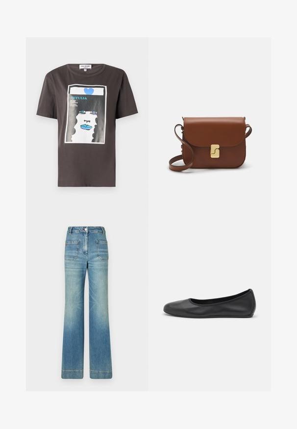 Tricou grafic din bumbac gri închis, cu o printare colorată a feței unei femei cu buze albastre și o inimă albastră, guler rotund și mâneci scurte.; Jeans din denim albastru deschis, cu talie evazată, cinci buzunare, bucle pentru curea, închidere cu nasture și o textură ușor decolorată, având un detaliu cu logo roșu pe spate.; Balerini din piele neagră, cu vârf rotund, textură netedă, detalii de cusătură minimale și un design al tălpii flexibil.; Geantă de piele maro cu închidere tip capac, accesorii de culoare aurie, curea de umăr și o textură netedă. Formă compactă și rectangulară.