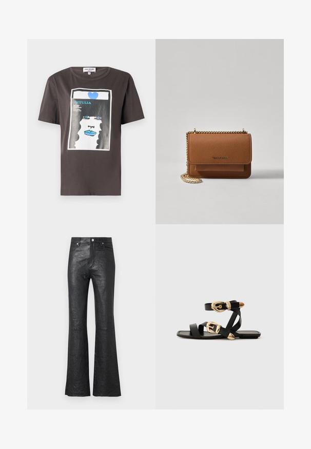 Tumehallist puuvillast T-särk, millel on värvikas trükk naise näost siniste huulte ja sinise südamega, ümar kaelus ja lühikesed varrukad.; Mustad nahast lai pahkluudega püksid, millel on kortsus tekstuur, kõrge vöökoht, ees olevad taskud ning klassikaline nööpkinnitus koos luku läbitegemisega.; Mustad nahast sandaalid kuldsete pandlitega, millel on mitmed rihmad ja lame talladisain avatud varba jaoks.; Pruun tekstureeritud nahk ristkeha kott kuldse ahelaga rihmaga ja klapiga sulgemine. Esiküljel on logo detail ja tasku klapi all.