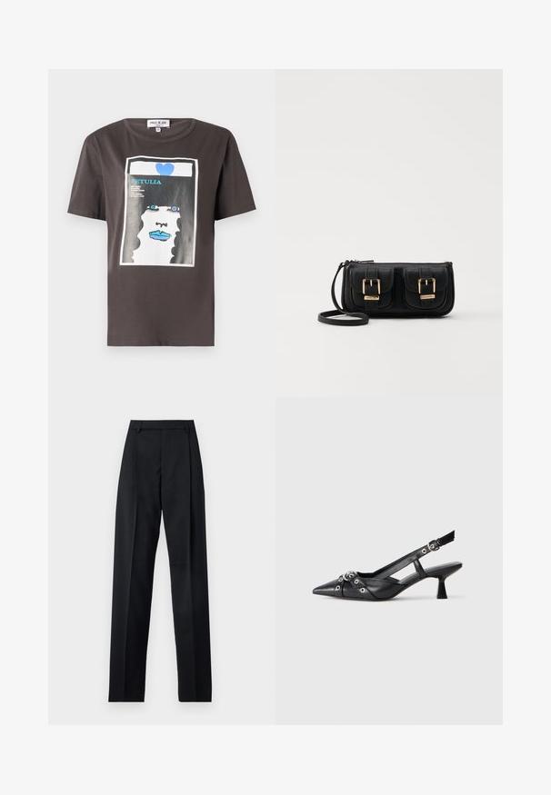 Sötét szürke pamut grafikus póló, színes nyomatú női arccal, kék ajkakkal és kék szívvel, kerek nyakkivágással és rövid ujjakkal.; Fekete nadrág sima anyagból, magas derékkal, széles lábakkal, elülső redőkkel és klasszikus övhurkokkal. Oldalzsebek nem láthatók.; Fekete bőr slingback cipő hegyes orral, dekoratív pántokkal, fém szemekkel és alacsony blokk sarkú. Texturált felület.; Fekete bőr keresztbody táska két elülső zsebbel, arany csattokkal, cipzáras záródással és vékony pánttal. Textúrált felület és kompakt téglalap alak.