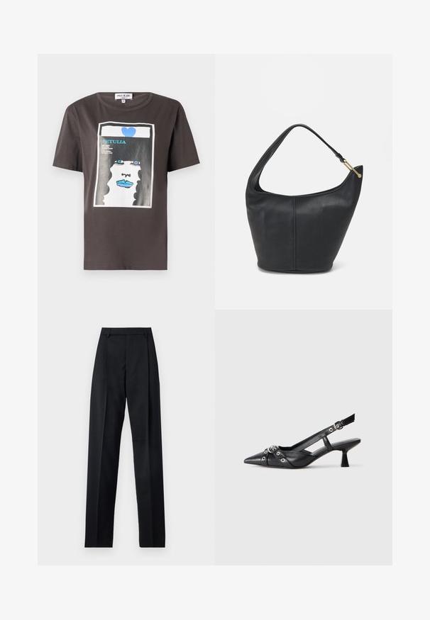 Graphic t-shirt in dark gray cotton featuring a colorful print of a woman’s face with blue lips and a blue heart, round neckline, and short sleeves.; Black trousers made from smooth fabric featuring a high waist, wide legs, front pleats, and classic belt loops. No side pockets visible.; Black leather slingback shoe with a pointed toe, decorative straps featuring metal eyelets, and a low block heel. Textured surface.; Black leather handbag with a rounded shape, a wide strap, and a textured finish. Features a subtle seam detail and a gold-tone hardware accent.