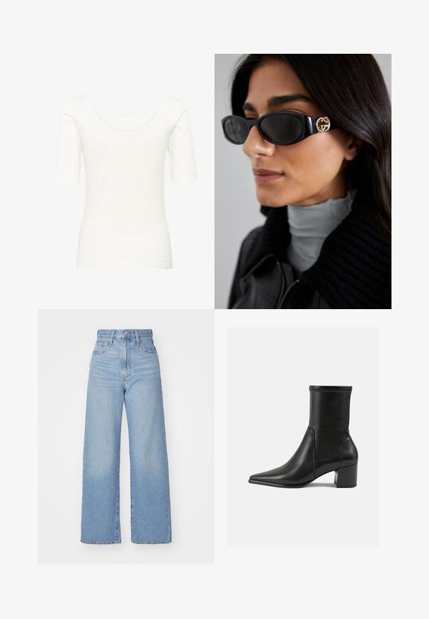 Weißes kurzärmliges Oberteil aus weichem, dehnbarem Stoff mit weiten Rundhalsausschnitt und figurbetontem Schnitt, das eine glatte Textur aufweist.; Hellblaue High-Waist-Weite-Leg-Jeans mit Knopf- und Reißverschluss vorne, Vorder- und Rückentaschen, auf weißem Hintergrund.; Schwarze Knöchelstiefel aus glattem Leder, mit spitzem Zehenbereich, einem Blockabsatz und markanten, raised stitching am oberen Rand.; Schwarze Sonnenbrille mit einem schlanken rechteckigen Rahmen und einem goldenen Logo-Akzent an der Seite. Dunkle Gläser und glänzende Oberfläche sind auffällig.; Schwarze, gesteppten Lederhandtasche mit einer goldfarbenen Kettenriemen und einem Drehverschluss, der mit einem runden Akzent verziert ist. Kompakte rechteckige Form.