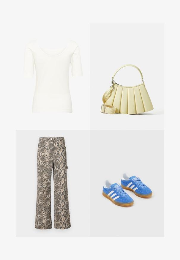 Valkoinen lyhythihainen paita, joka on valmistettu pehmeästä, joustavasta kankaasta. Paidan kaula-aukko on leveä ja muotoilu istuva, ja siinä on sileä pinta.; Laulavamme, joissa on tekonahkakuosi käärmeennahasta, sävyissä beige ja musta, joissa on sileä pinta ja tavallinen vyötärö.; Siniset mokkasandaalit valkoisilla raitakoristeilla, kumipohjalla ja pehmustetulla kauluksella mukavuutta varten. Ominaisuudet klassinen nauhakiinnitys.; Pleated handbagi pehmeast kollasest materjalist, millel on kumer käepide. Omab eemaldatavat ja reguleeritavat rihma ning sujuvat tekstuuri minimaalsete riistadega.