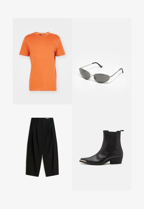 BOSS TEGOOD - Basic póló - open orange; Fekete, magas derekú nadrág, széles, rövid szárral, elöl redőkkel a további textúráért és szerkezetért.; Fekete boka csizmák textúrált bőrből, hegyes orral, elasztikus oldalsó panelekből, hátsó húzófüllel és alacsony blokk sarkú kivitelezéssel.; Sötétített lencsékkel rendelkező napszemüveg, elegáns, ezüst színű fém vázzal, aerodinamikus kialakítással, hegyes szélekkel és vékony szárakkal.; Piros bandana sál, pamutzsábol készült, fehér paisley és pöttyös mintákkal, háromszög alakú, az alsó sarkában címkével.
