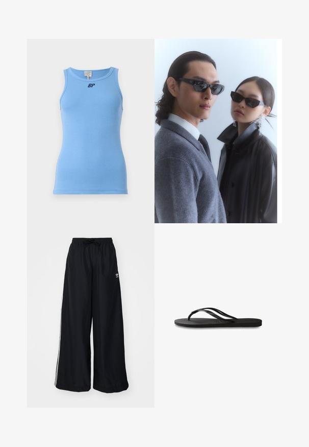 Šviesiai mėlynas raižytas marškinėlis be rankovių su apvaliu iškirpimu, priekyje su nedideliu juodu logotipu. Pagamintas iš tamprios medžiagos, kad būtų prisitaikantis.; Juodi plačios kojos keliai, pagaminti iš lengvos medžiagos. Yra elastinė juosmens juosta su raišteliu ir baltomis šoninėmis juostelėmis. Prekės ženklo logotipas ant klubų.; Juodos šlepetės su tekstūruotu guminio pado, dviem siauromis dirželių ir subtiliu, įspaustu logotipo detalė ant dirželio.; Akiniai nuo saulės su kampuotais juodais rėmeliais ant modelio, kuris vilki pilką megztinį, demonstruojantį tekstūruotą mezgimą, ir juodą odinį švarką, dėvimą kito modelio.