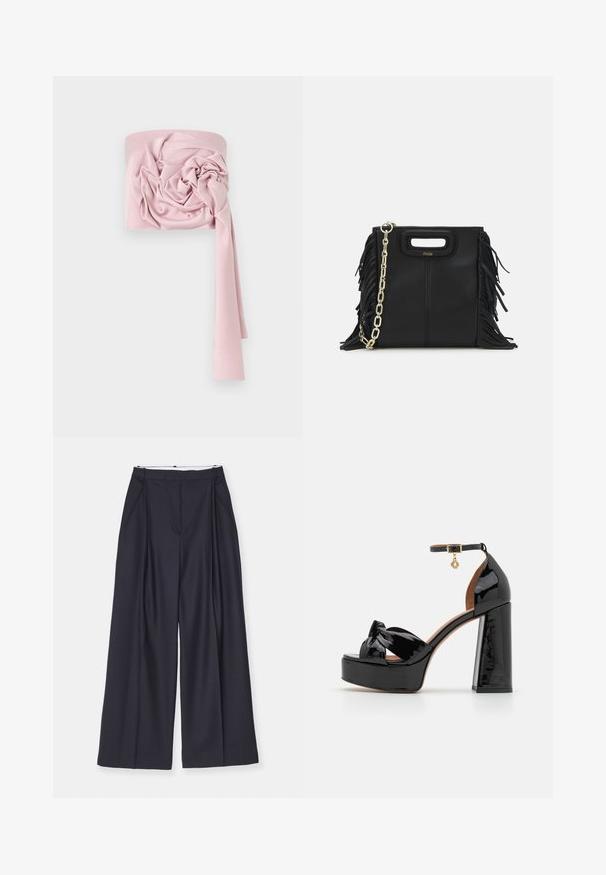 Rožinė satino skara su tekstūruotu, mazginio rašto dizainu. Ji turi ilgą, plačią galą ir lygią apdailą, suteikiančią elegantišką išvaizdą.; Victoria Beckham WIDE LEG TROUSER - Kelnės - midnight; Maje Aukštakulniai sandalai - noir; Juodas odinis rankų darbo rankinys su frinzuotomis detalėmis, auksine grandinės petneša ir išpjauto dizaino rankena. Pirmoje pusėje yra logotipo vieta.