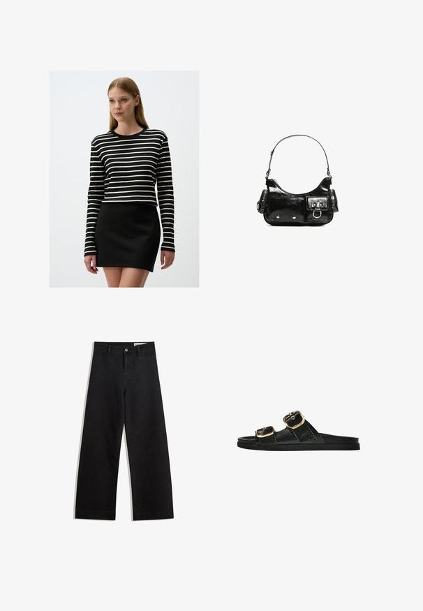 Langärmliges Oberteil mit Schwarz-Weiß-Streifen und Rundhalsausschnitt, kombiniert mit einem figurbetonten schwarzen Minirock. Der Stoff ist glatt mit einem leichten Stretch.; Schwarze weit geschnittene Jeans mit hoher Taille, ausgestattet mit Vorder- und Hintertaschen, gesteppten Nähten und einem Knopfverschluss. Glatte Textur.; Schwarze Riemensandale mit zwei goldenen Schnallendetails, glattem Material, flachem Sohlen und minimalistischer Gestaltung.; Schwarze Lackleder-Handtasche mit geschwungenem Design, einem Schulterriemen, Vordertaschen und silberfarbenen Hardware-Akzenten.