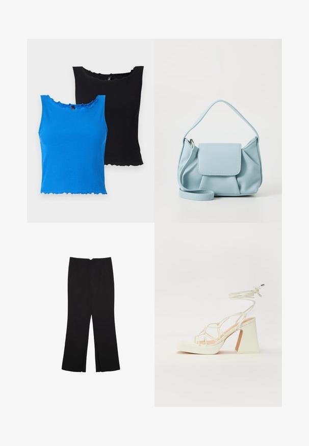 Ribbed topy bez rękawów w kolorze niebieskim i czarnym, z falbaniastym dekoltem i wykończeniem. Miękka tkanina, bez rękawów i lekko dopasowany krój.; Czarne spodnie o prostym kroju, z przednimi kieszeniami i bocznymi rozcięciami na dole. Wykonane z miękkiego, gładkiego materiału. Odpowiednie na różne okazje.; Biała sandał na wysokim obcasie z masywnym słupkiem, z paskowym wzorem i wiązaniem przy kostce. Gładka faktura z platformą z przodu dla dodatkowej wysokości.; Jasnoniebieska skórzana torebka na ramię z górnym uchwytem, przednią kieszenią na klapkę oraz odczepianym paskiem na nadgarstek na białym tle.