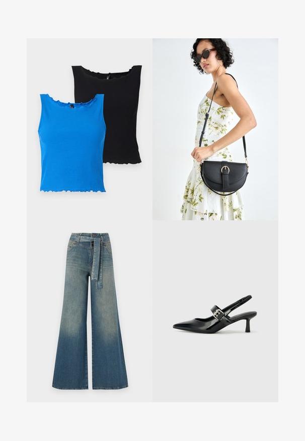 Camisetas de tirantes acanaladas en azul y negro, con escote y dobladillo ondulados. Tejido suave, diseño sin mangas y forma ligeramente ajustada.; Pantalones de mezclilla de pierna ancha con un degradado de azul claro a oscuro, cintura alta, trabillas para cinturón y un cinturón de tela a juego. Acabado de mezclilla texturizada.; Zapatos de tacón en charol negro con tira al tobillo, punta afilada y un pequeño tacón bloque, que cuentan con un acento de hebilla plateada en la correa.; Bolso de piel negra con forma curva, correa desmontable y herrajes dorados. El bolso cuenta con una solapa con un detalle de hebilla.