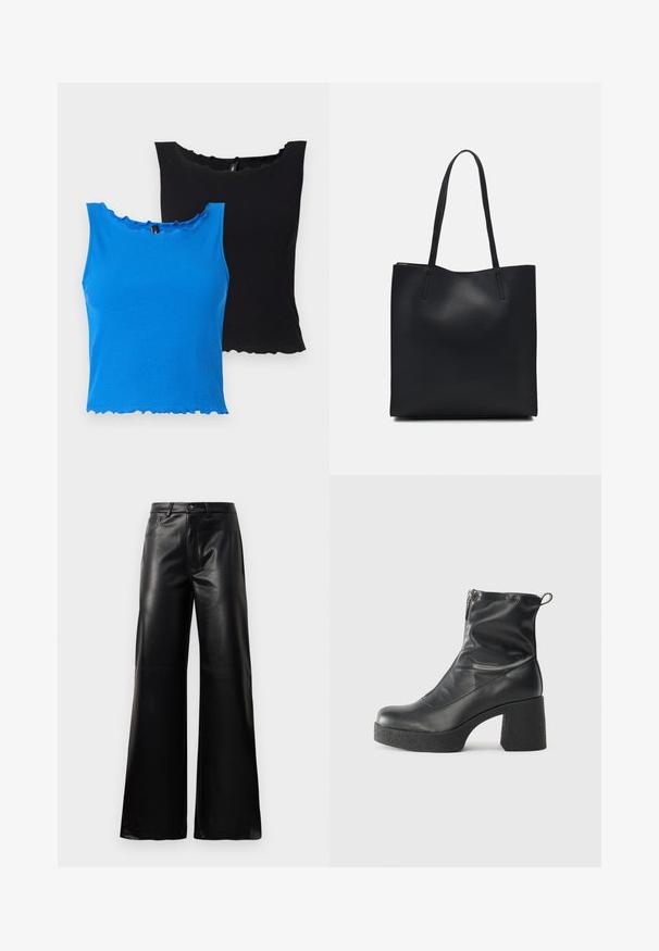 Ribota topi zilā un melnā krāsā ar viļņotu apkakli un apakšmalu. Mīksta auduma, bez piedurknēm un nedaudz pieguļoša forma.; Melnas augstās jostas platajās kājās sintētiskās ādas bikses ar priekšējo pogu, rāvējslēdzēju, jostas cilpām un sānu kabatām uz baltā fona.; Melni potītes zābaki, kas izgatavoti no gludas ādas, ar sānu rāvējslēdzēju, masīvu strukturētu papēdi un noapaļotu purngalu.; Melnas ādas somiņa ar gludu tekstūru, taisnstūra formu un divām garām rokturiem. Nav redzamu aparatūras vai rotājumu.