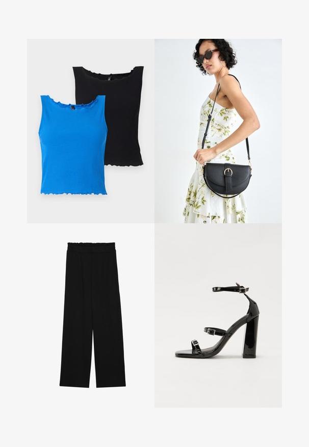 Ribované tielka v modrej a čiernej farbe, so zubatým výstrihom a lemom. Mäkká tkanina, bezrukávový dizajn a mierne priliehavý strih.; Čierne široké nohavice s volánovým pásom, obsahujúce dve bočné vrecká a hladký, ľahký materiál. Žiadne viditeľné vzory ani kovové príslušenstvo.; Čierne lakované sandále na podpätku so štvorcovou špičkou, navlečenými remienkami okolo členku a striebornými prackami. Disponujú masívnym blokovým podpätkom pre stabilitu.; Čierna kožená kabelka s zaobleným tvarom, odnímateľným popruhom a zlatými doplnkami. Kabelka má klopu s detailom s prackou.