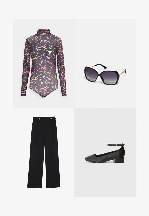 Karl Kani SIGNATURE TURTLE NECK - Camisola de manga comprida - black; Calças largas pretas com cintura alta, detalhes em botão na cintura e pregas frontais.; Sandal de pele preta com bico pontiagudo e um salto bloco baixo. Apresenta uma tira no tornozelo com uma fivela em tom dourado. Textura suave.; Óculos de sol oversized pretos com lentes degradê, armações grossas e detalhes em corrente dourada nas hastes.; Bolsa preta com forma estruturada, textura suave e um fecho metálico. Combinada com calças largas pretas e sandálias de salto aberto sobre um chão de madeira.