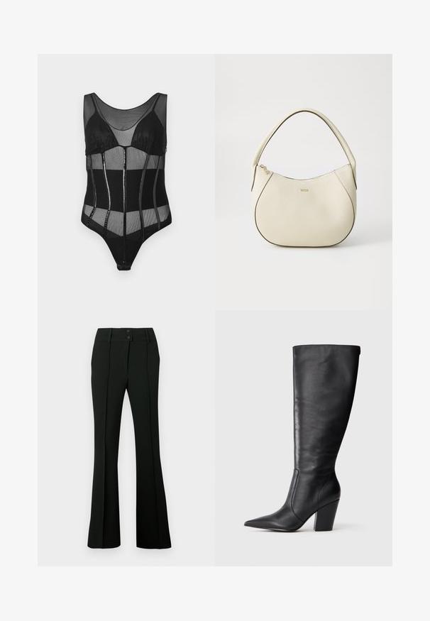 Crni bodi s mrežastom tkaninom, strukturiranim šalica, vertikalnim panelima s sjajnim naglasima i izrezom u obliku lopte.; Crne hlače trapezastog kroja izrađene od glatkog materijala, s visokim pojasom ukrašenim s dva gumba i naborima sprijeda, koje daju krojen izgled.; Crne kožne čizme do koljena s šiljastim vrhom i debelim visokim potplatom, prikazane sa lijeve strane na bijeloj pozadini.; Torbica boje krema s teksturiranim završetkom, zakrivljenog oblika, kratkom ručkom i logotipom u zlatnoj boji. Zatvarač na vrhu.
