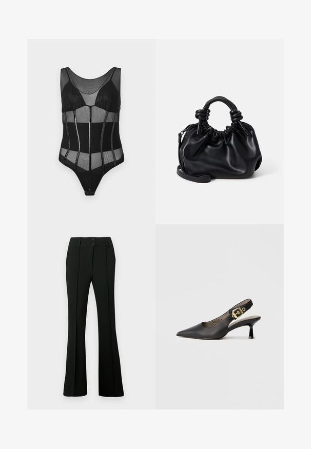 Black bodysuit featuring mesh fabric, structured cups, vertical panels with glossy accents, and a scoop neckline.; Black flared pants featuring a smooth fabric, high waistband with two buttons, and front pleats, providing a tailored appearance.; Black slingback high-heeled shoe with a pointed toe, smooth leather texture, and a gold-tone buckle accent on the strap.; Black leather handbag with a gathered design, short rounded handles, and a detachable shoulder strap. Smooth texture with a soft silhouette.