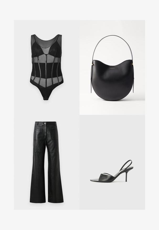 Melna bodijs, kas izgatavots no sieta auduma, ar strukturētām krūšu kausēm, vertikālām paneļiem ar spīdīgiem akcentiem un kuplu dekoltē.; Melna ādas platām kājām bikses ar priekšējiem kabatām un pogu aizdari. Materiāls ir gluds ar nelielu spīdumu un redzamu šuvju detalizāciju.; Melnas ādas siksniņu augstpapēžu kurpes ar norādītu purngalu, plānu potītes siksniņu un stiletto papēdi. Arī ar sasietu detaļu uz vamp.; Melnas ādas plecu soma ar izliekta formu, plānu rokturi un smalkiem zelta akcentiem. Gluda tekstūra ar minimālistisku dizainu.