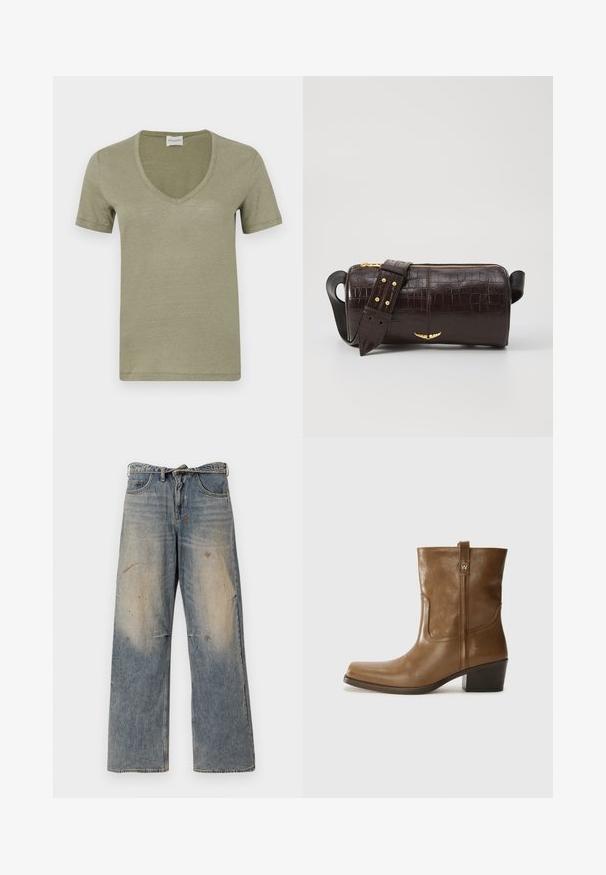 Olivinės žalios spalvos trumpomis rankovėmis V formos kaklo marškinėliai, pagaminti iš minkštos, lengvos medžiagos. Paprastas dizainas su švariais kraštais ir be matomų raštų ar puošmenų.; Šviesiai mėlynos džinsinės kelnės su laisvu, tiesiu kojų kirpimu. Su įbrėžimais, nudilimu ir suplėšytais elementais šalia kelių. Klasikinis penkių kišenių stilius.; Rudų odinių batų iki kulkšnies su kvadratiniu pirštu, tekstūruotu paviršiumi ir žemu sluoksniuota pakulne. Yra užpakalinis kilpas ir subtilūs siuvinėjimo detalės.; Ruda krokodilo odspaudo odinė rankinė cilindro formos, su auksinėmis detalėmis ir nuimamu dirželiu, papuoštu studelėmis.