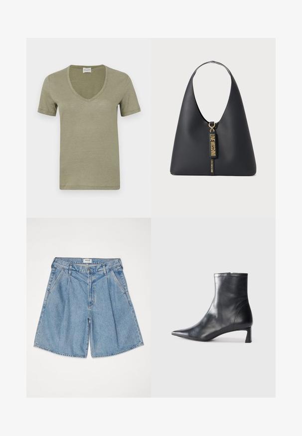 Olivově zelené tričko s krátkým rukávem a výstřihem do V vyrobené z měkké, lehké látky. Jednoduchý design s čistými okraji a bez viditelných vzorů nebo ozdob.; Světle modré džíny šortky s volným střihem, vysokým pasem, postranními kapsami a zapínáním na knoflík. Celoplošně bledá textura.; Černé kožené kotníkové boty s špičatou špičkou a elegantním designem. Mají nízký podpatek a zipové zapínání na zadní straně. Hladká textura.; Černá kožená kabelka přes rameno s širokým popruhem, zlatými detaily a dvěma visícími štítky s vyraženým nápisem "LOVE MOSCHINO" ve zlatých písmenech.