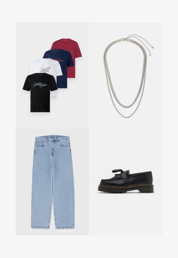 Neljä lyhythihaista puuvillapaitaa mustana, valkoisena, tummansinisenä ja burgundina. Jokaisessa on edessä "Jack & Jones" painettuna eri kirjoitusmuodoilla.; Vaaleansiniset farkut suoran lahkeen muotoilulla, joissa on puolivälin vyötärö, viisi taskua sekä nappi- ja vetoketjusuljenta.; Musta nahkakengät, joissa on tupsuakkentti, paksu musta pohja ja keltainen ommel reunassa. Rakeinen pinta.; Kolmikerroksinen hopeametallinen kaulakoru, jossa on tyylikkäitä, joustavia ketjuja, joissa on hieno kiilto. Kaulakoru on kiinnitetty hummerilukolla ja siinä on säädettävä ketju.