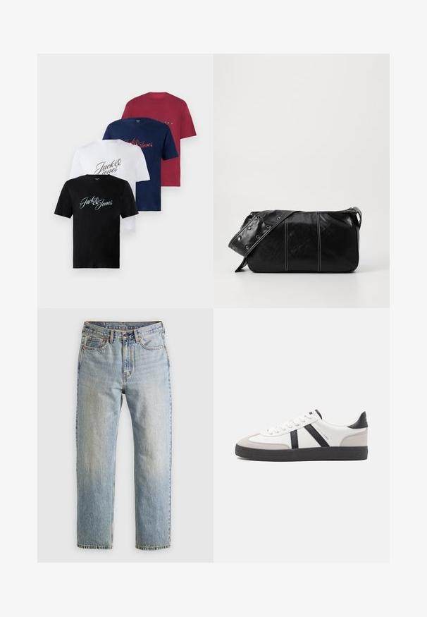 Patru tricouri din bumbac cu mânecă scurtă, în culorile negru, alb, bleumarin și burgund. Fiecare are imprimat "Jack & Jones" în diverse stiluri pe față.; Jeans din denim de culoare albastru deschis, cu talie înaltă, nasture frontal, fermoar și design cu cinci buzunare, așezate platesc pe un fundal neutru.; Sneaker alb cu accente negre și gri, având un capac de vârf gri texturat, talpă din cauciuc negru și șireturi plate albe. Design elegant, stil minimalist.; Geantă de umăr din piele neagră cu închidere cu fermoar, având un corp texturat, cusături albe și o curea cu ochiuri argintii.