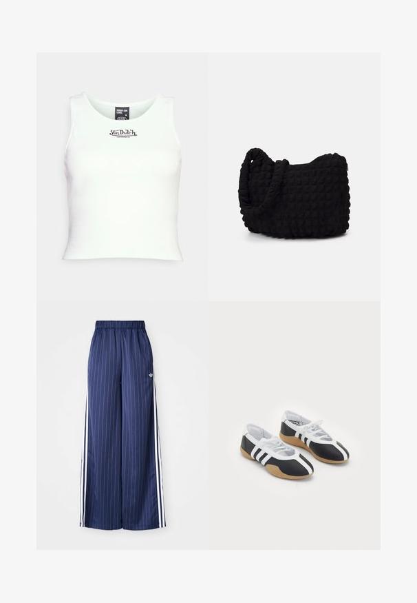 Hvit ribbestrikket crop tank topp med rund hals og svart "Von Dutch"-logo i sentrum. Laget av elastisk bomullsblandingsstoff.; Mørkeblå vide bukser med vertikale hvite striper, elastisk midje og tre hvite striper langs hver side, laget av et lett materiale.; Sorte og hvite sportssko med et elegant design, gummisåle, snøring og tre hvite striper på sidene.; Svarte tekstilveske med en strukturert, quiltet mønster. Rund form, korte, tykke håndtak og en myk, fleksibel struktur.