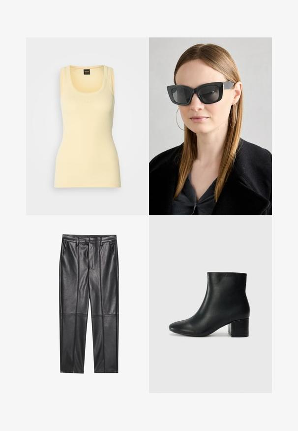 Kollane ribidega tanktop, millel on ümarad kaeluseid, keskosas on diskreetne reljeefne logo. Valmistatud kergest, venivast kangast.; Mustad nahkpüksid sileda tekstuuriga, sirge lõikega, kahe eesmine taskuga ja nähtavate õmblusteta.; Mustad nahast pahkluu saapad terava varbaga ja jämeda kandaga. Sile tekstuur minimaalse aktsentidega ja stiilne, lihvitud disain.; Must musta prillid tumedate läätsedega, paksude raamidega ja tagasihoidlike aktsentidega. Kantud musta jope ja halli särkiga, pikki sirgeid juukseid kandes.