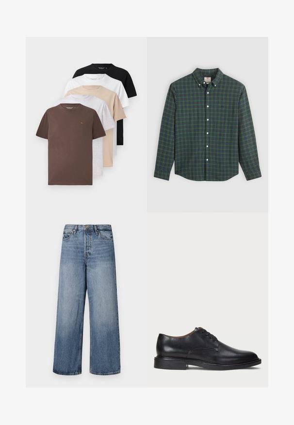 Cinque t-shirt a maniche corte in marrone, grigio, beige, bianco e nero, dotati di collo tondo e realizzati in morbido cotone lucido.; Camicia a maniche lunghe con motivo a quadri verde, blu e giallo, bottoni bianchi e colletto abbottonato.; Jeans in denim blu a gamba larga con lavaggio sbiadito, design a cinque tasche e chiusura con bottone. Dotati di passanti per cintura e dettagli cuciti.; Scarpa da uomo in pelle nera con punta rotonda, design con lacci e tacco basso impilato. Texture liscia con dettagli di cucitura minimi.