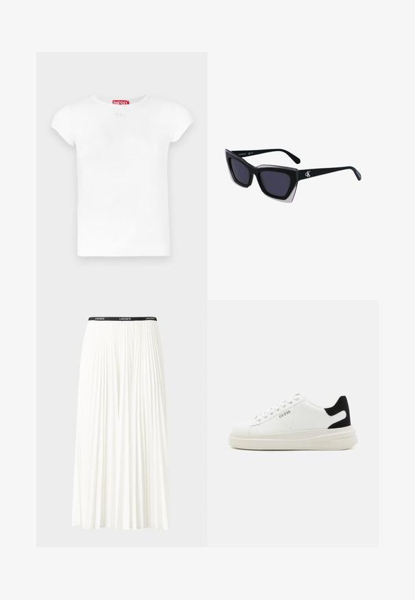 Valkoinen puuvillainen t-paita, jossa on pyöreä pääntie, lyhyet hihat ja pieni logoyksityiskohta edessä. Tägissä lukee "DIESEL" punaisella.; Hame valkoinen pliseerattu hame mustalla joustavalla vyötäröhihnalla, jossa on "LACOSTE"-logo. Puolipitkä malli pehmeällä tekstuurilla.; Valkoiset nahkakengät paksulla valkoisella pohjalla, mustalla mokkanahkaosuudella kannassa ja kohokuvioitu logo sivulla. Nauhakeskitys kuudella reiällä.; Mustat ylisuuret aurinkolasit, joissa on geometrinen muoto, tummat linssit ja kehykseen erottuva harmaa yksityiskohta. Logo varressa.