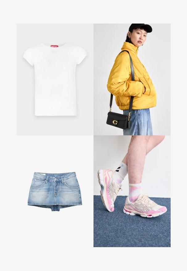 Maglietta bianca di cotone con scollo rotondo, maniche corte e un piccolo dettaglio logo sul davanti. L'etichetta riporta "DIESEL" in rosso.; Shorts in denim blu chiaro con un effetto sbiadito. Presentano cinque tasche e una chiusura con bottone frontale. Taglio classico con orlo dritto.; Sneaker sportive beige e rosa con dettagli in argento, sovrapposizioni in rete e una suola spessa. Indossate con calze colorate a tie-dye.; Giacca gialla imbottita con colletto alto e tasca anteriore, abbinata a una borsa a tracolla nera con dettagli in oro. Pantaloni in denim casual.