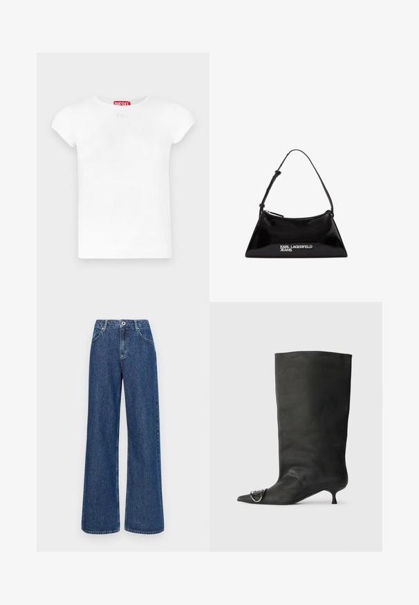 Balti medvilniniai marškinėliai su apvalia iškirpte, trumpomis rankovėmis ir mažu logotipo elementu priekyje. Ženklelis raudonai skelbia „DIESEL“.; Plati džinsai su aukštu liemeniu, mėlynos spalvos, su priekinių kišenių ir vieno mygtuko užsegimu. Audinys su tekstūra ir matomais siūlų siuvinėjimais.; Juodas odinis kulkšninis batas su smailiu pirštu, maža pakulne ir metaline akcentu ant piršto. Lygus, matinio paviršiaus tekstūra visame batus.; Juodas lakinės odos rankinės maišas trikampio formos, su viršutiniu užtrauktuku ir reguliuojama juostele. Sidabrinė logotipas "KARL LAGERFELD JEANS".