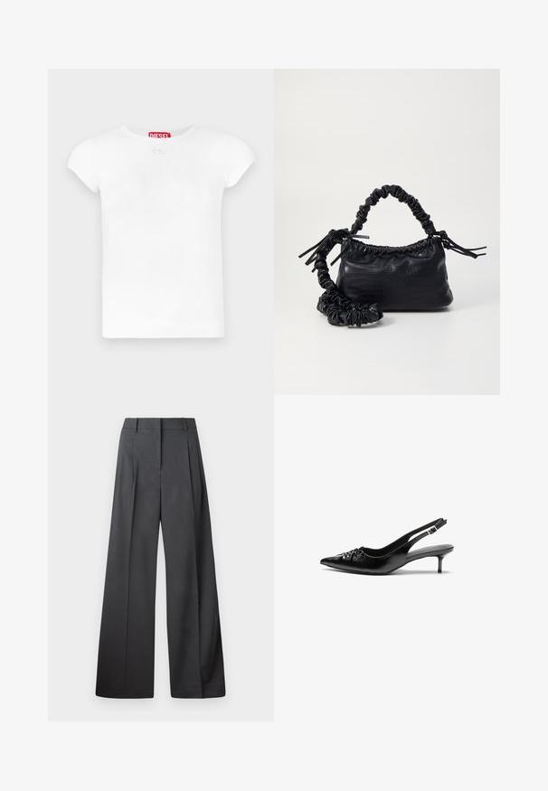 White cotton t-shirt with a round neckline, short sleeves, and a small logo detail at the front. Tag reads "DIESEL" in red.; Wide-leg trousers in dark gray fabric, featuring a high waist, single pleats, and a smooth texture with a clean finish at the hems.; Black leather slingback heels with a pointed toe, small kitten heel, and a decorative knot detail on the front. Smooth texture throughout.; Black faux leather handbag with a crocodile texture, cinched top, and a scrunched strap. Appears soft and compact in design.
