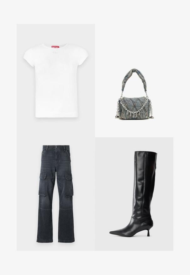 Vit bomullst-shirt med rund halsringning, korta ärmar och en liten logodetalj fram. Märket lyder "DIESEL" i rött.; Mörkgrå cargobyxor i denim, med två sidofickor och en vida ben-design. Sömmar och kanter med stickad detalj.; Svart läderknähigh boot med spetsig tå och smal, böjd klack. Slät textur, åtsittande design och ingen synlig hårdvara eller mönster.; Jeansväska med quiltat mönster, blå färg, kort flätad handtag och silverfärgad kedjerem med metallisk märkesbokstavdekoration.