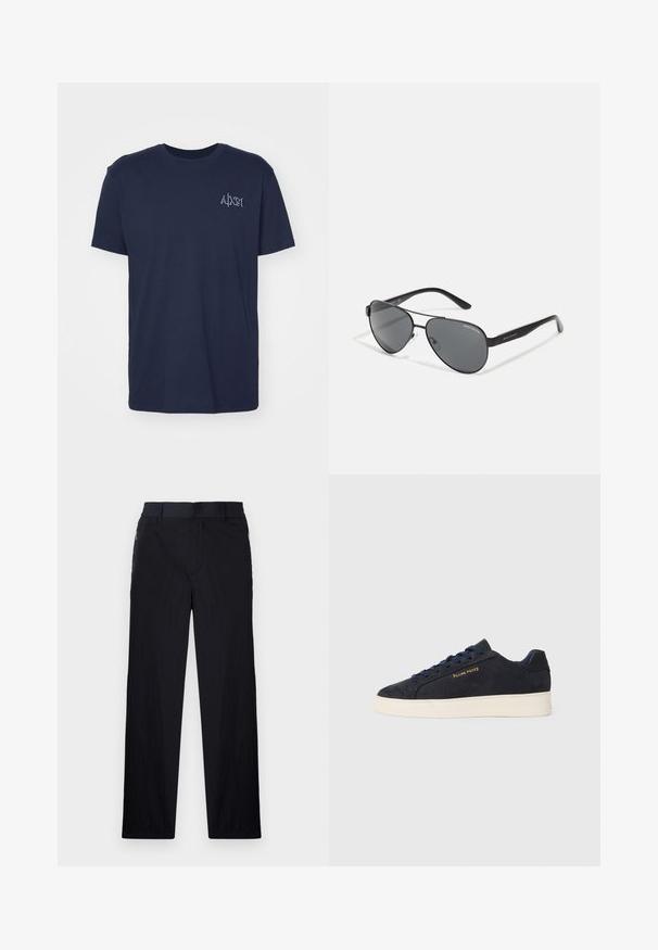 Marineblå bomulls T-skjorte med korte ermer, rund hals og en liten brodert logo på venstre bryst. Klassisk passform og jevn tekstur.; Sorte bukser med lett og teksturert stoff, rett ben-design, elastisk midjebånd og sidelommer med glidelås.; Marineblå ankelhøyde sneakers i semsket skinn med hvit såle, marineblå snøringer, og "Filling Pieces"-logo i gull på siden.; Svarte pilotbriller med mørke linser, tynn metallramme og slanke plastarmer med logo aksenter.