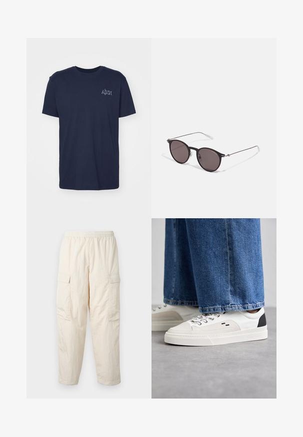 T-shirt din bumbac de culoare albastru marin, cu mâneci scurte, decolteu rotund și un mic logo brodat pe pieptul stâng. Croi clasic și textură netedă.; Pantaloni cargo bej cu un talie elastică, având două buzunare laterale și un material moale, ușor. Textură șifonată.; Adidași albi și negri, cu un superior din piele netedă, accente texturate și o talpă albă groasă. Prezintă un design clasic cu șireturi.; Ochelari de soare negri rotunzi cu lentile întunecate și brațe metalice subțiri. Include vârfuri transparente pentru brate și accente argintii la balama. Design minimalist.