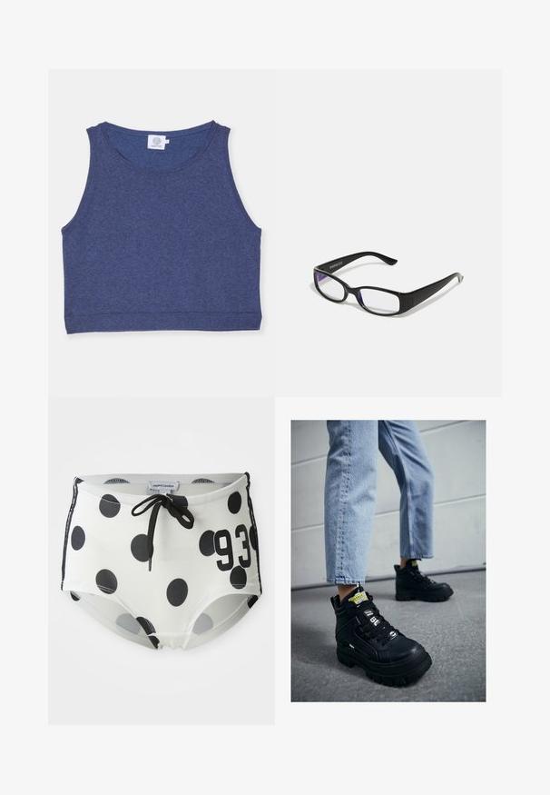 Top scurt, de culoare albastru închis, realizat dintr-un material texturat, cu un guler rotund și margini striate. Etichetă pe interiorul gulerului.; Pantaloni scurți de baie cu buline negre și albe, cu un brâu cu șnur, având numărul "93" pe față și un material neted și elastic.; Adidași negri tip high-top cu talpă masivă, cu design cu șireturi, accente cu logo și etichete galbene. Purtați cu blugi croiți de culoare albastră deschis.; Ochelari dreptunghiulari negri cu lentile clare. Finisaj lucios, brațe înguste și nuanță purpurie vizibilă la marginea lentilelor.