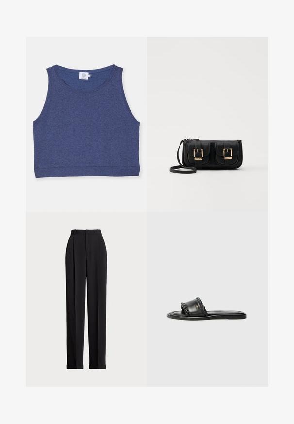 Dark blue cropped tank top made of textured fabric with a round neckline and ribbed edges. Label on the inside neckline.; Black tailored trousers with a high waist, featuring pleats at the front, a straight leg design, and a cuffed hem. Made from smooth fabric.; Black leather sandal with a woven strap detail, flat sole, and a sleek design. Smooth texture and minimalistic profile.; Black leather crossbody bag with two front pockets, gold buckles, zipper closure, and a slim strap. Textured surface and compact rectangular shape.