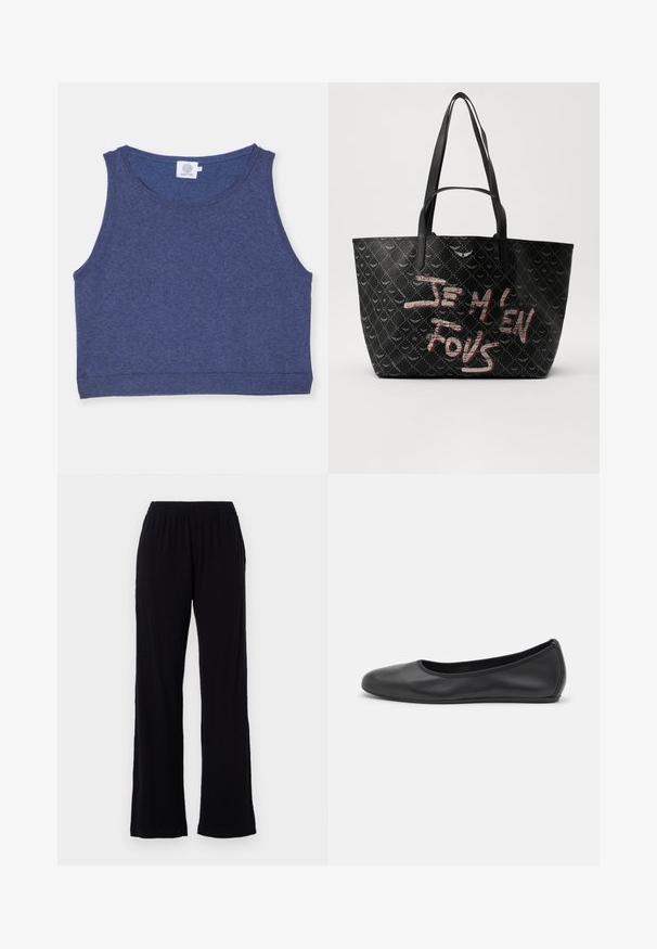 Temno modra skrajšana majica brez rokavov iz teksturirane tkanine z okroglo ovratnico in rebrastimi robovi. Oznaka na notranji strani ovratnika.; Črne, lahke, elastične hlače z ravnim krojem. Mehka tekstura brez vidnih vzorcev ali dodatkov. Preprost in vsestranski slog.; Črne usnjene balerinke z zaobljenim nosom, gladko teksturo, minimalnimi šivi in fleksibilno zasnovo podplata.; Črna torba z ramenskimi trakovi, izdelana iz teksturiranega materiala z diamantom vzorcem, ter drznim rdečim in belim besedilom "JE M'EN FOUS."