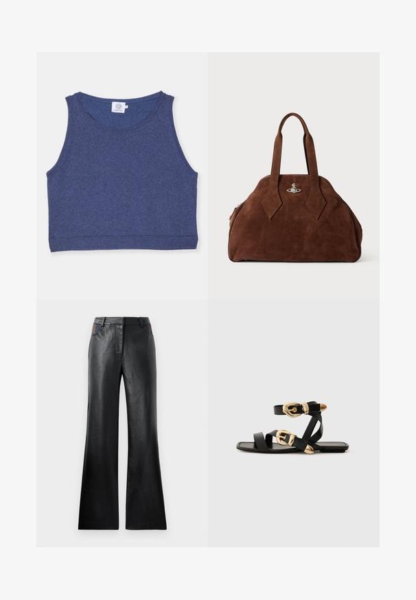 Tumši zils īss topiņš ar teksturētu audumu, apaļu kakla izgriezumu un ribotām malām. Etiquette iekšējā kakla izgriezumā.; Melnas ādas zvīņveida bikses ar gludu tekstūru, ar diviem priekšējiem kabatām un melniem un brūniem akcentiem apvidū.; Melni ādas sandales ar zelta sprādzēm, ar vairākām siksnām un plakanu zoli, piemērotas valkāšanai ar atvērtu purngala.; Brūns zamšādas rokassoma ar strukturētu formu, noapaļotu korpusu un pagarinātām dimanta formas rokturiem. Aprīkota ar sudraba krāsas aizdari.